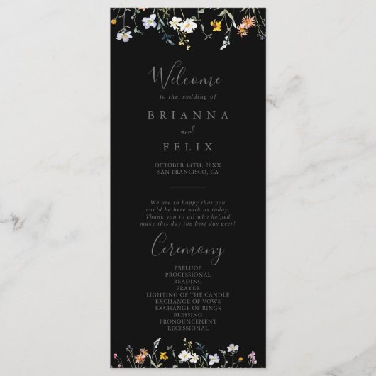 ワイルド数々のカラーフローラブラック結婚式 プログラム (正面)