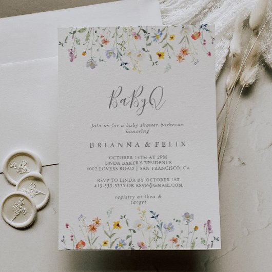 ワイルド数々のカラーフローラBabyQベビーシャワーバーベキュー 招待状