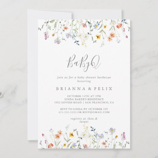 ワイルド数々のカラーフローラBabyQベビーシャワーバーベキュー 招待状 (正面)
