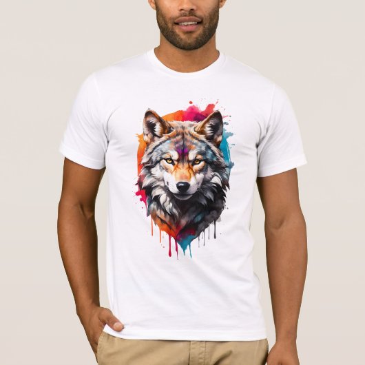 ワイルド芸術的とウォーターの色スプラッシュアートウルフ Tシャツ (正面)
