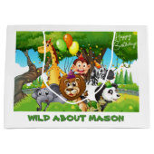 ワイルド誕生日パーソナライズされたジャングルテーマ抱き枕 ラージペーパーバッグ (正面)