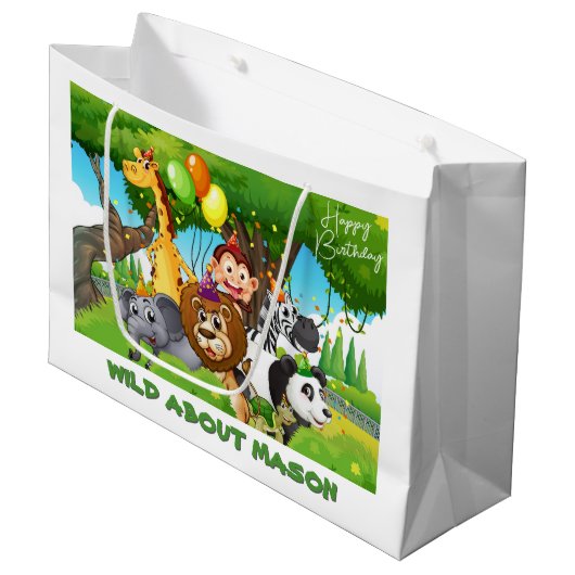 ワイルド誕生日パーソナライズされたジャングルテーマ抱き枕 ラージペーパーバッグ (正面アングル)