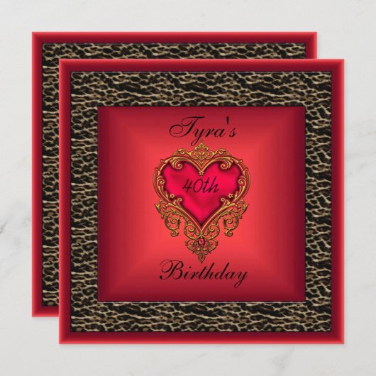 ワイルド赤いハートジュエルエレガント金ゴールド40歳の誕生日2 招待状 (正面/裏面)