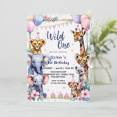 ワイルド1かわいい動物バルーンカップケーキ1歳の誕生日 招待状 (スタンド正面)