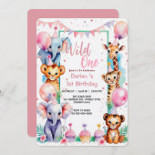 ワイルド1かわいい動物バルーンカップケーキ1歳の誕生日 招待状 (正面/裏面)