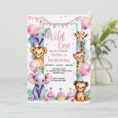 ワイルド1かわいい動物バルーンカップケーキ1歳の誕生日 招待状 (スタンド正面)