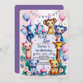 ワイルド1かわいい動物バルーンキッズ1st誕生日 招待状 (正面/裏面)