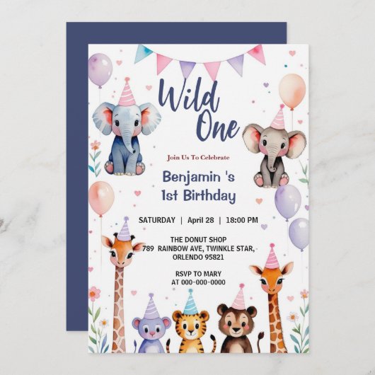 ワイルド1かわいい動物バルーンボーイ第1誕生日パー 招待状 (正面/裏面)