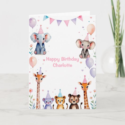 ワイルド1匹かわいい動物バルーンガールズ1歳の誕生日 招待状 (正面)