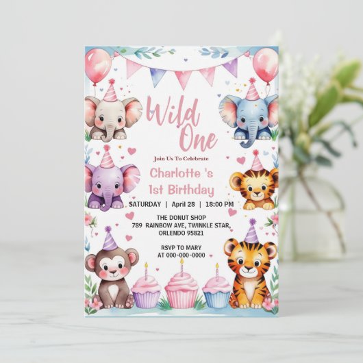 ワイルド1匹かわいい動物バルーンガールズ1歳の誕生日 招待状 (スタンド正面)
