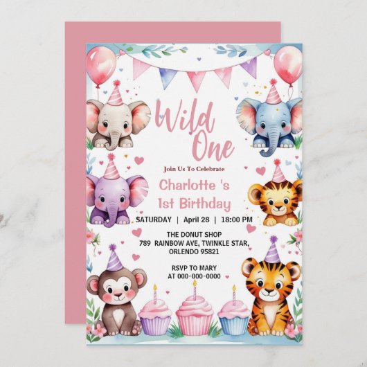 ワイルド1匹かわいい動物バルーンガールズ1歳の誕生日 招待状 (正面/裏面)
