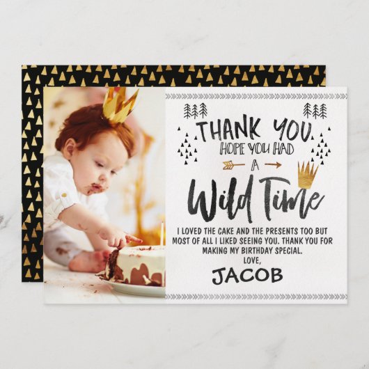 ワイルド1枚の写真の1番目の誕生日サンキューカード 招待状 (正面/裏面)