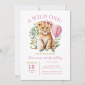 ワイルド1誕生日ライオンガール誕生日フローラボウタイ 招待状 (正面)
