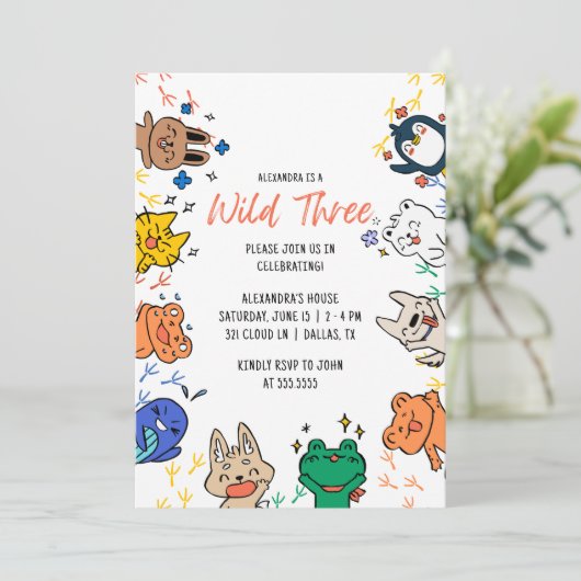 ワイルド3かわいい動物1stバースデーキッズ招待状 招待状 (スタンド正面)