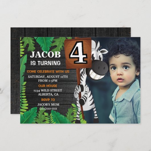 ワイルド4サファリカスタムフォトフォト誕生日招待状 招待状 (正面/裏面)