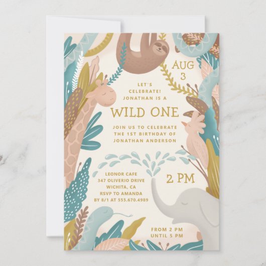 ワイルド。かわいいジャングルサファリ動物子供の誕生日 招待状 (正面)