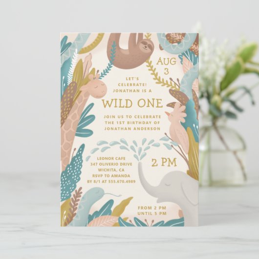 ワイルド。かわいいジャングルサファリ動物子供の誕生日 招待状 (スタンド正面)