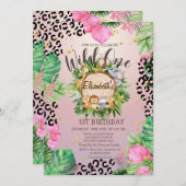 ワイルド アニマルズ ウッド トロピカル フラワーズ 誕生日 招待状 (正面/裏面)