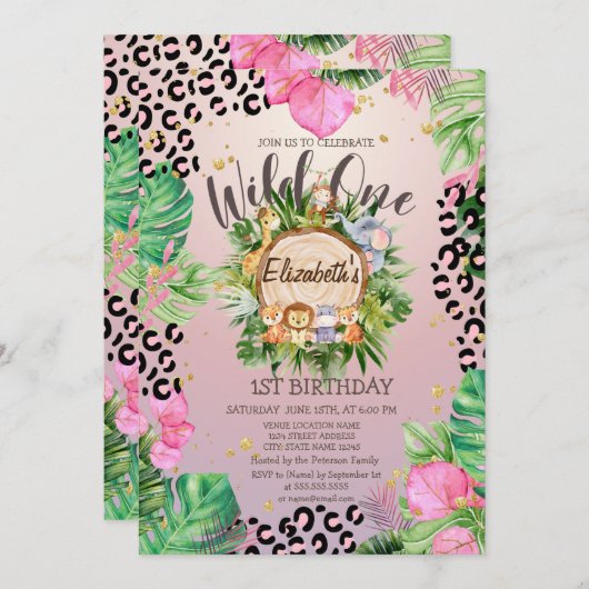 ワイルド アニマルズ ウッド トロピカル フラワーズ 誕生日 招待状 (正面/裏面)