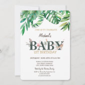 ワイルド アニマル グリーン リーフ 1歳 誕生日 招待状 (正面)