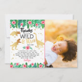 ワイルド&スリーガールズ恐竜3番目の誕生日写真 サンキューカード (正面)