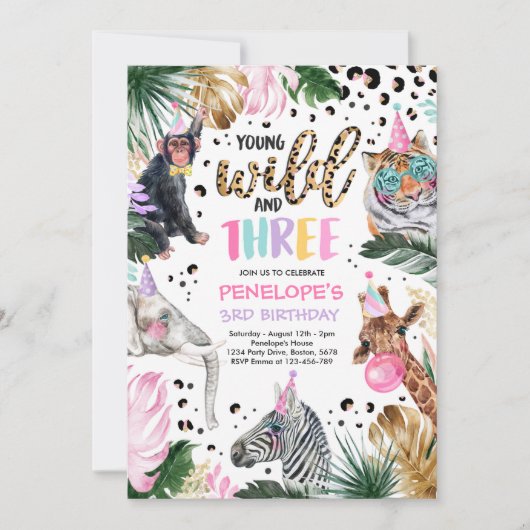 ワイルド&スリーヒョウ印刷サファリ動物誕生日 招待状 (正面)