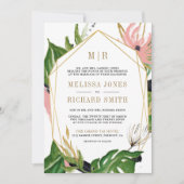 ワイルド トロピカル ゴールド ピンク フローラル オールインワン ウェディング 招待状 (正面)