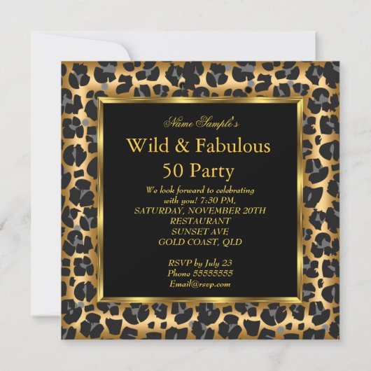 ワイルド&ファブラス金ゴールドレオパードハイヒール誕生日 招待状 (裏面)