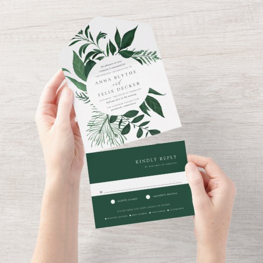 ワイルド フォレスト グリーン ボタニカル フレーム ウェディング オールインワン招待状 (貼ってはがせる)