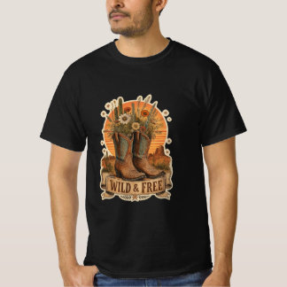 ワイルド＆フリーカウボーイブーツ 西部 ワイルドフラワー デザート Tシャツ