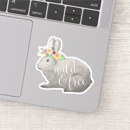 ワイルド&フリー |かわいいラビットフラワークラウン引用文 シール (詳細)