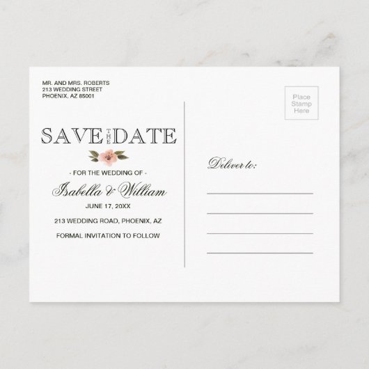 ワイルド フローラル サマー ボーホー セーブ ザ デート ウェディング 案内ポストカード (裏面)
