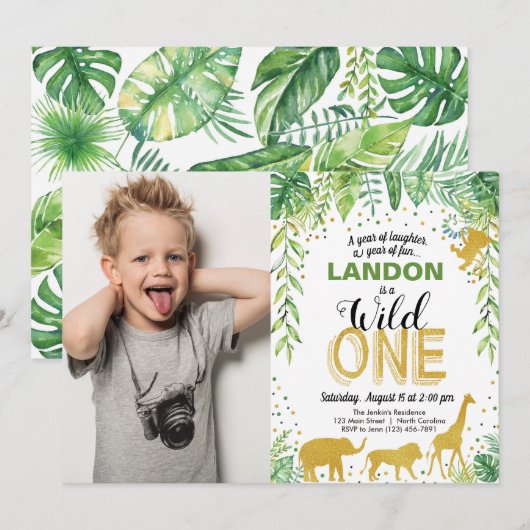 ワイルド・ワン誕生日招待状 ジャングルサファリの動物たち 招待状 (正面/裏面)