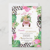 ワイルド・ワン アニマルズ カー、パームリーブ 1歳の誕生日 招待状 (正面)