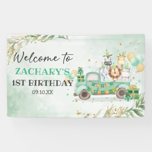 ワイルド・ワン アニマル グリーンレイ ゴールド サファリ 1歳誕生日 横断幕 (横)