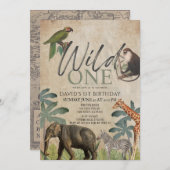 ワイルド・ワン アフリカン・サファリ 動物たち 1歳の誕生日 招待状 (正面/裏面)