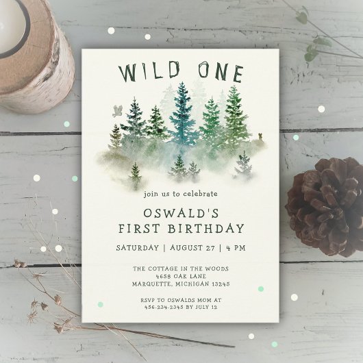 ワイルド・ワン ウォーターカラー・ウッドランド・アニマルズ 1歳の誕生日 招待状