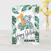 ワイルド·ワン·カワイトな水彩熊1歳の誕生日 カード (黄色い花)