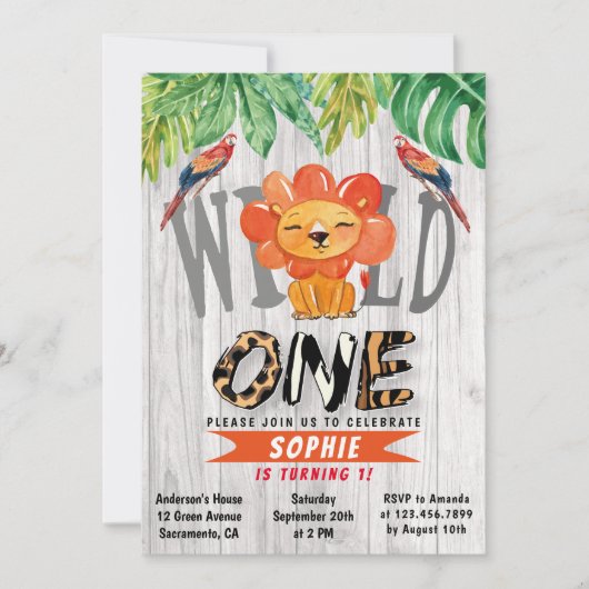 ワイルド·ワン·ガールズ·ウォーターカラー·サファリ·ライオン1歳の誕生日 招待状 (正面)