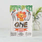 ワイルド·ワン·ガールズ·ウォーターカラー·サファリ·ライオン1歳の誕生日 招待状 (スタンド正面)
