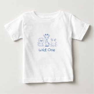 "ワイルド・ワン』キリン・ライオン・カバ 青いアウトライン ベビーTシャツ