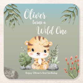 ワイルド・ワン・サファリの動物たち かわいいトラ 1歳の誕生日 スクエアペーパーコースター
