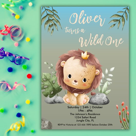 ワイルド・ワン サファリ・アニマルズ かわいいライオン 1歳の誕生日 招待状