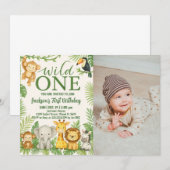 ワイルド・ワン・サファリ・アニマルズ・バースデー・インビテーション 招待状 (正面/裏面)