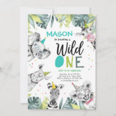 ワイルド・ワン・サファリ・アニマルズ・ボーイ誕生日招待状 招待状 (正面)
