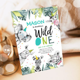 ワイルド・ワン・サファリ・アニマルズ・ボーイ誕生日招待状 招待状