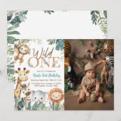ワイルド・ワン・サファリ・アニマルズ・ボーイ・バースデー・パーティー・フォト 招待状 (正面/裏面)