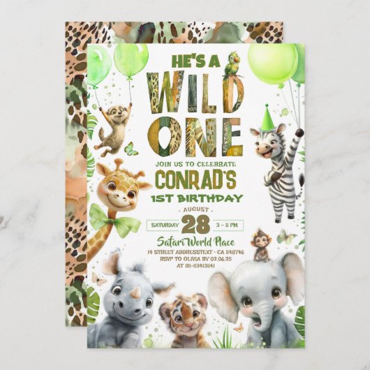 ワイルド・ワン・サファリ・アニマルズ 1歳の誕生日招待状 招待状 (正面/裏面)