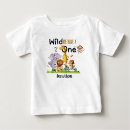 ワイルド・ワン・サファリ・アニマルズ 1歳の誕生日 カートゥーン招待状 ベビーTシャツ
