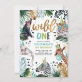 ワイルド・ワン サファリ・アニマルズ 1歳 男の子 誕生日パーティー 招待状 (正面)